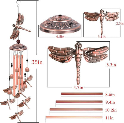 Red Copper Dragonfly Wind Chimes - Garden, Home & Patio, Balconies, Room, Indoor, Outdoor Decoration, Dragonfly Decor, Outdoor Dragonflies Wind Catcher, Memorial Wind Bells Gifts for Mom & Women