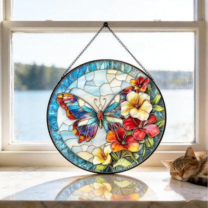 Butterfly Stained Glass Sun Catcher for Window Hanging, Blue Butterfly Suncatcher for Indoor Window Decoration, Stained Glass Window Hanging for Women, Mom 7.9"