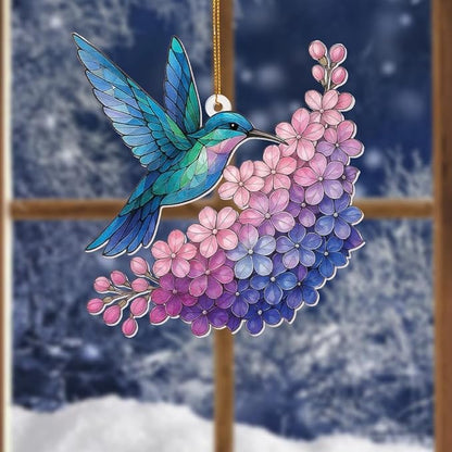 Hummingbird Stained Glass Ornament, Acrylic Window Hanging Suncatcher Decor, Bird Ornament for Car Rearview Mirror, Christmas Tree Decoration, Bookish Gifts for Bird Lovers, Home&Garden Decor(Sun-12)