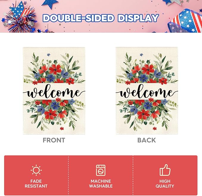 AVOIN colorlife Memorial Day Patriotic 4th of July House Flag 28x40 Inch Double Sided Outside, Welcome Floral Yard Outdoor Decoration