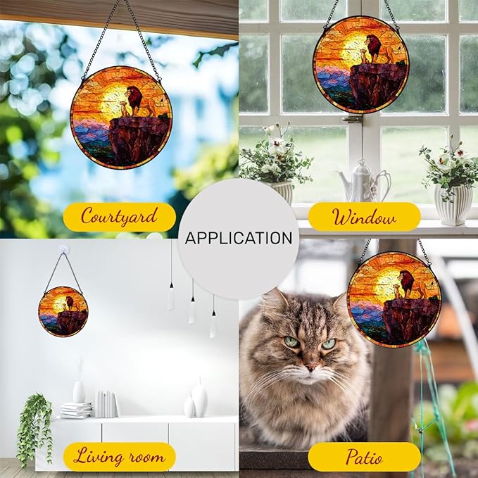GENANY Lion Stained Glass Window Hanging, Animal Sun Catcher with Metal Chain and Hook, Lion Spring Ornament Gifts for Women Men, Spring Home Decorations, Wildlife Themed Housewarming Gifts