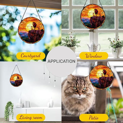 GENANY Lion Stained Glass Window Hanging, Animal Sun Catcher with Metal Chain and Hook, Lion Spring Ornament Gifts for Women Men, Spring Home Decorations, Wildlife Themed Housewarming Gifts