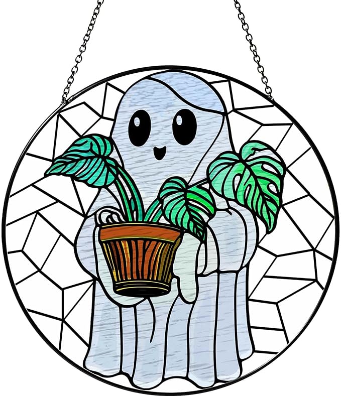 Cute Ghost Plant Stained Glass Sun Catcher Window Hanging Plant Lovers Gifts for Women Wall Decor Handmade SunCatcher Decoration for Garden Home Decor, 7.87inch