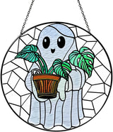 Cute Ghost Plant Stained Glass Sun Catcher Window Hanging Plant Lovers Gifts for Women Wall Decor Handmade SunCatcher Decoration for Garden Home Decor, 7.87inch