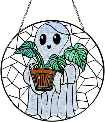Cute Ghost Plant Stained Glass Sun Catcher Window Hanging Plant Lovers Gifts for Women Wall Decor Handmade SunCatcher Decoration for Garden Home Decor, 7.87inch