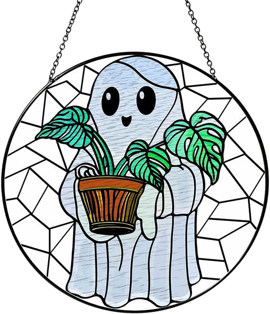 Cute Ghost Plant Stained Glass Sun Catcher Window Hanging Plant Lovers Gifts for Women Wall Decor Handmade SunCatcher Decoration for Garden Home Decor, 7.87inch