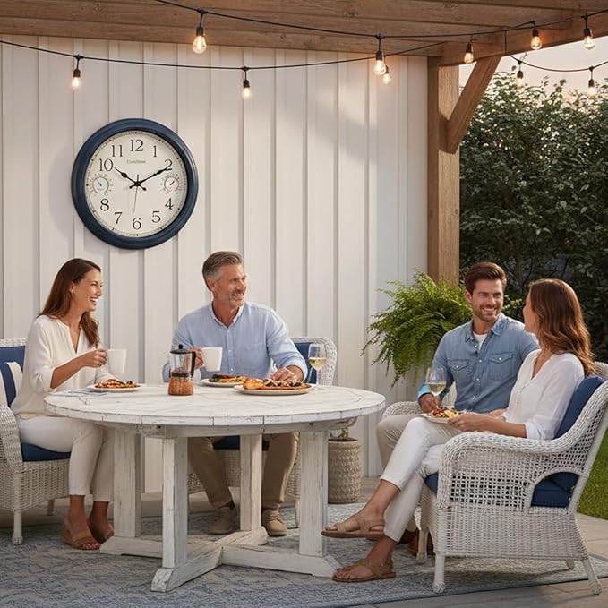 Crosstime 16 Inch Large Outdoor Clock with Thermometer & Hygrometer – Vintage Blue Coastal Decor Waterproof Wall Clock for Patio, Pool, Garden, Backyard