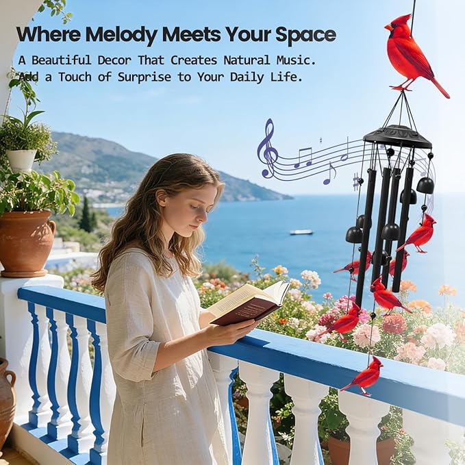 AVEKI Metal Cardinal Wind Chimes for Outside, Cardinal Gifts for Women Mother's Day Birthday Christmas, Black Wind Chime with 7 Cardinal Birds, Outdoor Windchimes Decor for Garden Patio (Red Cardinal)