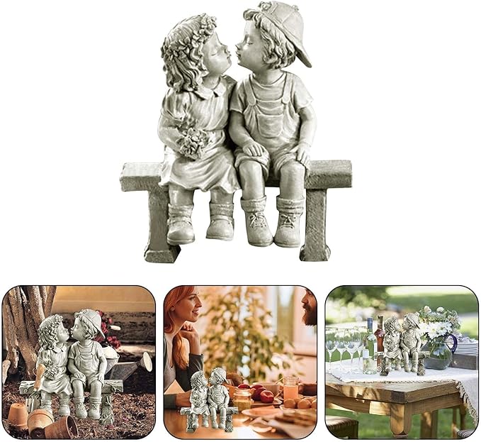 Stone Effect Kissing Kids Garden Statue Outdoor Decor Boy Girl Ornament Bench