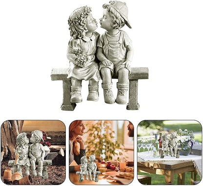 Stone Effect Kissing Kids Garden Statue Outdoor Decor Boy Girl Ornament Bench