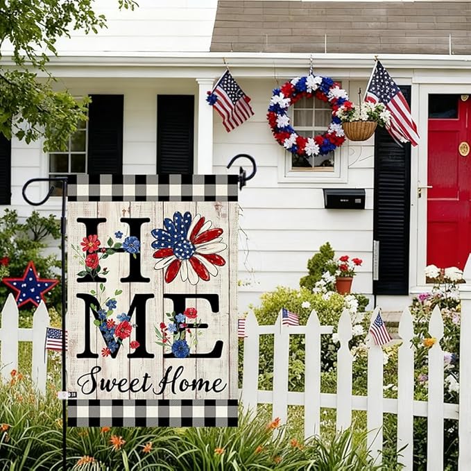ORTIGIA 4th of July Patrioctic Garden Flag Burlap Vertical Double Sided Independence Day Memorial Day Home Sweet Home Sunflower Small Flag Home Yard Outside Outdoor Decor 12.5x18 Inch