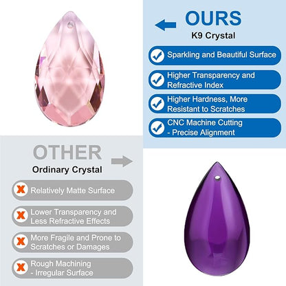 PATIKIL K9 Crystal Pendants Teardrop Beads, 10 Pack 38mm Chandelier Prisms Parts Hanging Beads DIY Lamp for Arts Crafts Decoration, Pink