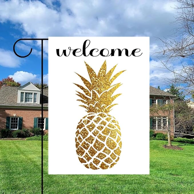 Gkyygk Welcome Gold Pineapple Garden Flag 12x18 Inch Double Sided Small Burlap Banners Yard House Seasonal Farmhouse Home Decor for Men Women