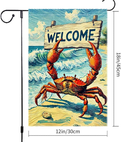 Welcome Crab Garden Flag Spring Summer Grden Flags Vertical Double Sided Small Burlap beach Patio Lawn Holiday Yard Outdoor Decorations 12x18 Inch