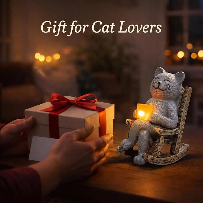 Lyeasw Cat Solar Garden Statues - Outdoor Decor for Patio, Lawn, Yard, Porch- Miniature Cute Cat Outdoor Figurine with LED Lights - Housewarming Birthday for Women, Mom, Cat Lovers