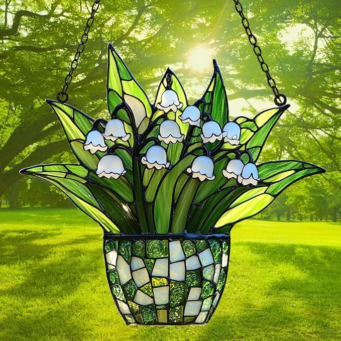 Lily of The Valley Acrylic Suncatcher Stained Glass Effect Window Car Hanging Christmas Ornament Indoor Outdoor Decor Garden Sun Catcher Panel for Floral Lover for Women Mom Grandma