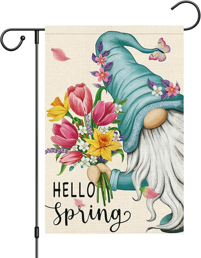 Hello Spring Gnome Garden Flag 12x18 Double Sided Burlap Butterfly Floral Garden Yard Banner for Summer Rustic Seasonal Outside Outdoor House Decoration (ONLY FLAG)