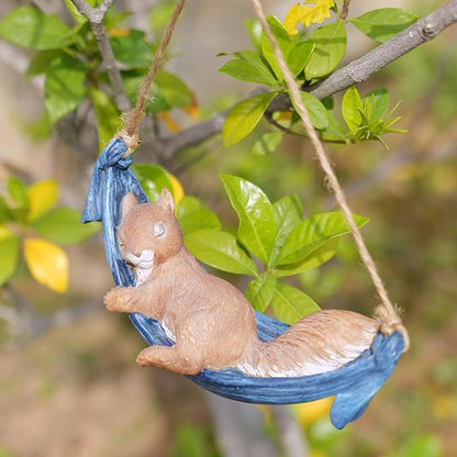 Squirrel Garden Décor Hanging Statue - Hanging on Tree Branch Squirrel Swing Statue Outdoor Garden Decoration Outdoor Gift Comes Statues with Rope and Hook 7.75 * 3.75 * 3.25 Inch