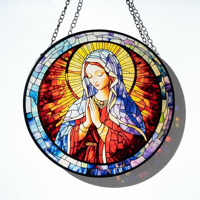 Stained Glass Window Hanging - Virgin Mary Suncatcher, The Holy Mother Mary Sun Catchers Decor for Window Hanging, Catholic Gifts for Christian Women Men Mom Wife Religious Faith 7.8in