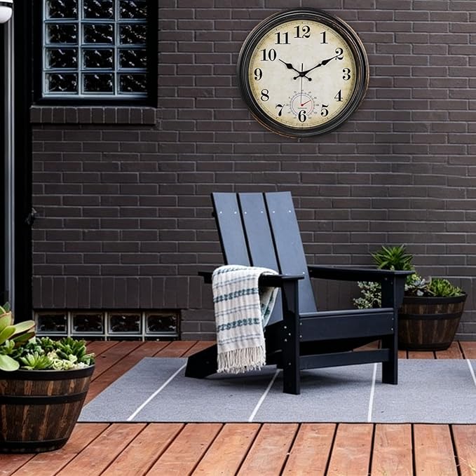 Large Outdoor Clocks Waterproof with Thermometer Combo Vintage Wall Clock Decor for Bathroom Patio Pool Garden(16 Inch)