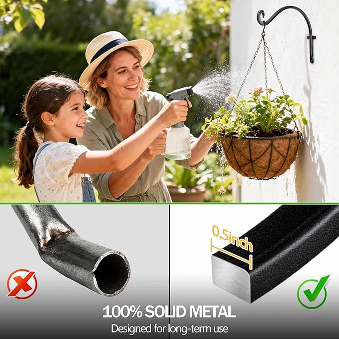 Lifyzoon Hanging Plant Brackets Outdoor: 50lbs Weight Capacity - Hanging Bird Feeder Hangers, 12-Inch Black Metal Outdoor Wall Hooks for Heavy Plants - 4 Pack, Birdhouse, Wind Chimes