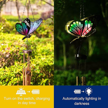 Asense Hanging Wind Chimes for Outside, Solar Powered LED Lights Butterfly Wind Chime, Outdoor Garden Lawn Yard Patio Decoration, Unique Decor Gifts