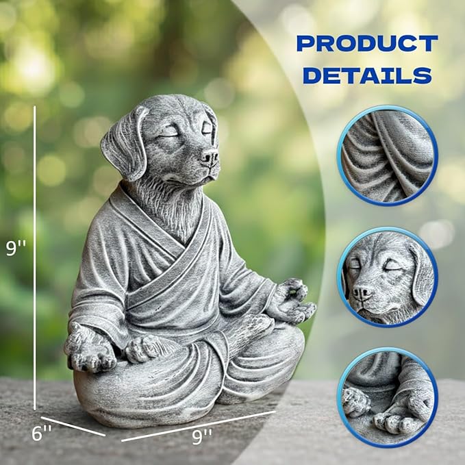 OLOMA Concrete Meditation Dog Statue Heavy Solid Stone Sculpture Weather Resistant Resin Coated Outdoor Indoor Yard Patio Accent Decor Feature Decorative Garden Accent Feature