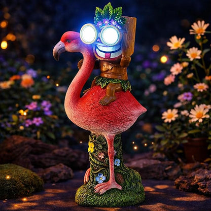 Colingmill 12.2'' Tiki Statue Flamingo Outdoor Decoration Solar Powered Garden Figurine Riding a Flamingo Tiki Bar Decor Housewarming Gardening Gifts for Bar, Lawn, Yard, Patio, Balcony, Table