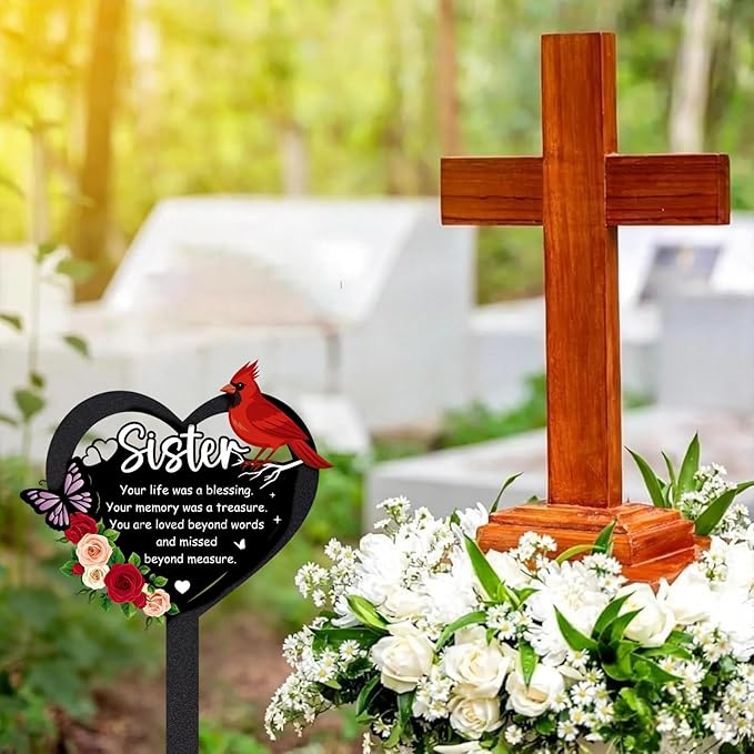 Grave Markers for Cemetery - Memorial Sister Metal Cardinals Grave Stakes Black Heart Remembrance Plaque Waterproof Flower Gravesite Decorations Outdoors Sympathy Gifts for Loss of Sisters
