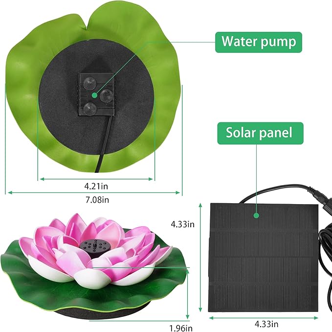 Solar Fountain Pump, 2W Solar Bird Bath Fountain with 7 Spray Nozzles & Detachable Lotus Design, Floating Solar Water Pump for Garden, Pond, Patio, Pool, Outdoor Decor