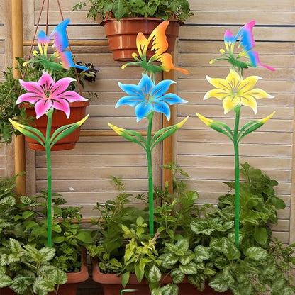 Metal Garden Flowers for Outside, 30.3-22.4" 3-Pack Colorful Butterfly & Flower Decorative Garden Stakes for Spring Garden Decor, Yard Art Decorations for Patio Lawn