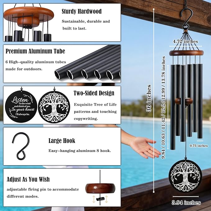 36 Inch Memorial Wind Chimes for Loss of Loved One - Deep Tone, Durable Metal Sympathy Wind Chimes for Outside, Outdoor Decor, Garden Patio Porch Yard Home, Meaningful Gift for Mom Women Housewarming