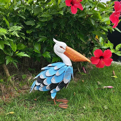 Metal Garden Sculpture, Pelican Outdoor Statue, Hand Painted Wood Chips Coastal Ocean Bird Decoration