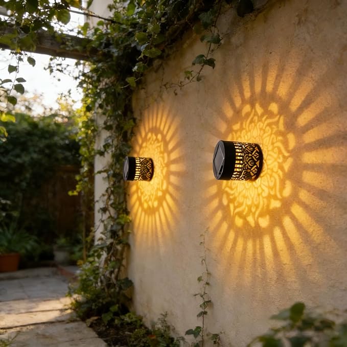 Decorative Solar Mandala Lights - Outdoor Metal Solar Powered Deck Step Wall Lights, Mandala Theme Waterproof Fence Mini Light for Garden Post Patio Backyard Yard Decor (Black, Yellow)