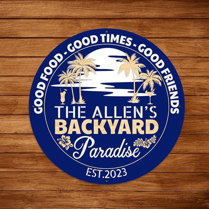 MeMate Personalized Backyard Paradise Sign - Customized Name Established Year Metal Sign for Outdoor Patio Decor, Restaurants, Farmhouse - Round Printed