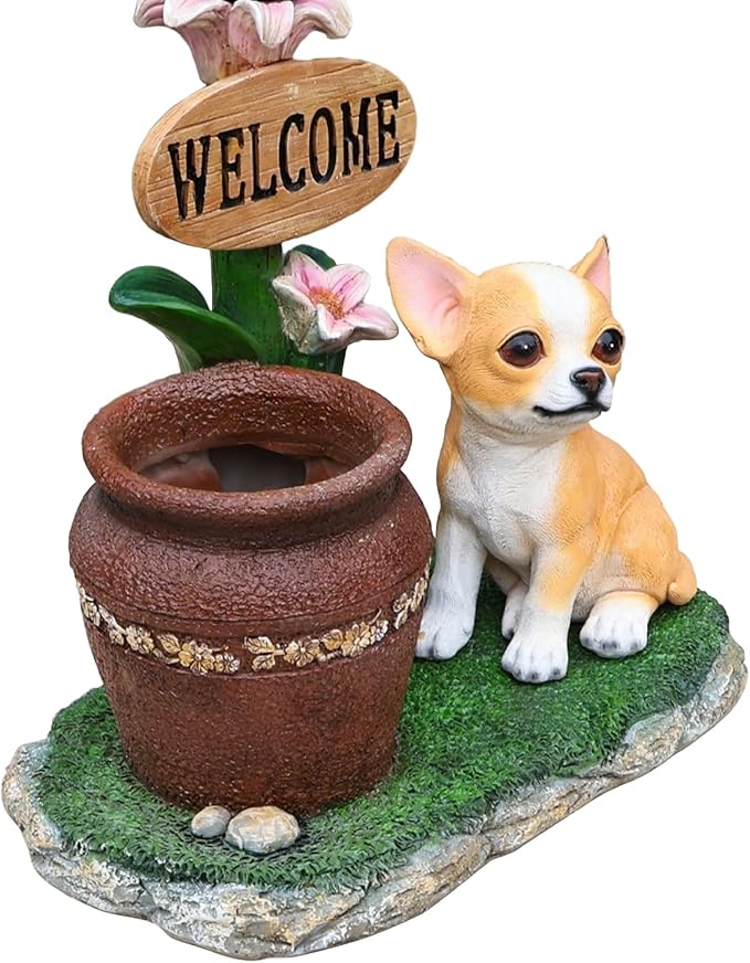 Solar Light Animal Outdoor Statue Planter with Welcome Sign, Resin Garden Sculpture Flower Pot for Patio Lawn Porch Yard Courtyard Decor, Weather-Resistant Decorative Figurine Accent (O)