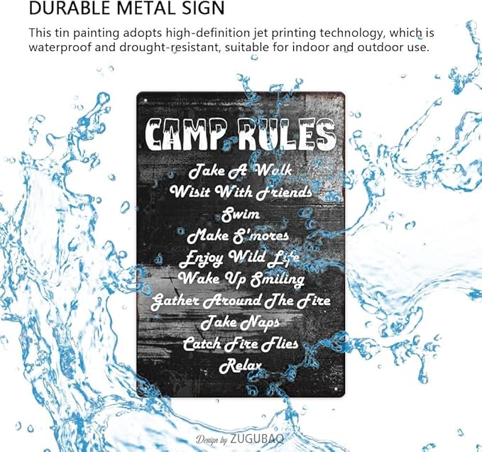 Vintage Metal Funny Camping Tin Sign-Camp Rules Take A Walk Visit With Friends Swim Outdoor Porch Patio Home Kitchen Garden Bar Poster Retro Decor Art 8X12 Inch Wall Decor