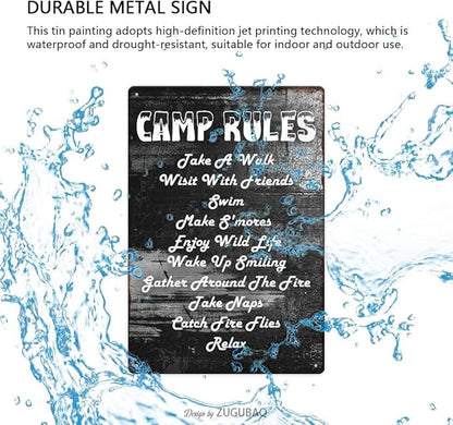 Vintage Metal Funny Camping Tin Sign-Camp Rules Take A Walk Visit With Friends Swim Outdoor Porch Patio Home Kitchen Garden Bar Poster Retro Decor Art 8X12 Inch Wall Decor
