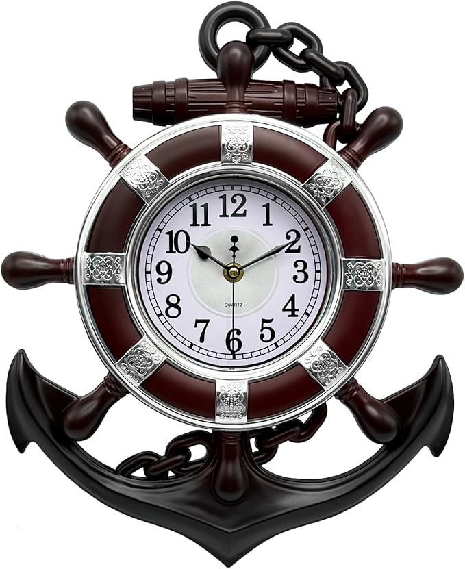 Anchor Outdoor Clock, Nautical Ship Wheel Rudder Wall Clock, Beach Sea Style Decorative Clock for Patio, Pool, Porch (Silver + Dark Red)
