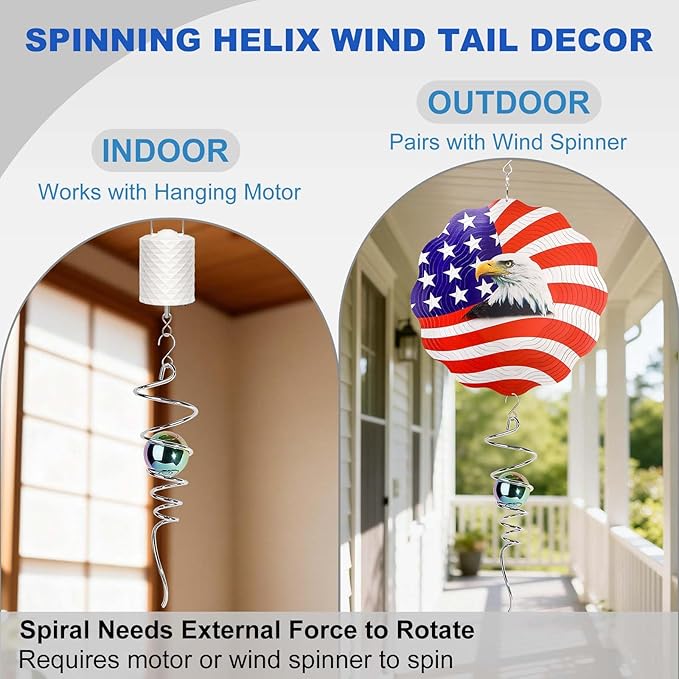 Gazing Ball Spiral Tail Wind Spinner, 13 Inch Stainless Steel with Hanging Swivel Hook, Colorful Metal Orb Creates Captivating Visual Illusion Spinning, Indoor Outdoor Decor for Garden Yard Patio Gift