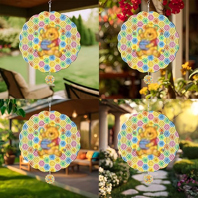 GENANY Honey Bear Hanging Wind Spinners for Women Men, 12 Inch Metal 3D, Stainless Steel Hanging Wind Catchers Sculpture for Outside, Outdoor Spring Decoration, Unique Gift