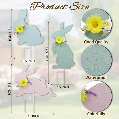 3PCS Spring Rabbit Metal Yard Decorations Stakes, Grandmas Garden Easter Holiday Yard Decoration Outdoor Stakes, Memorial Personalized Unique Garden Gifts Women for Grandma Statue