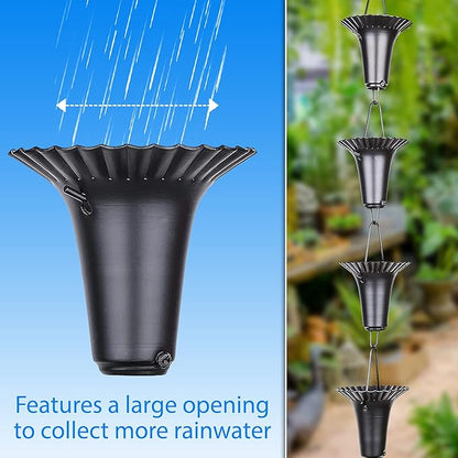 RainChains Pacific Fluted Cup Rain Chain 8.5ft Black Aluminum Rain Catcher Chain Decorative Rain Chains for Gutters.