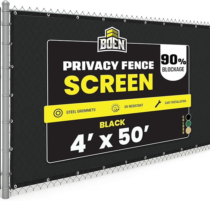 Boen - Backyard Privacy Screen Fence Covering 4' x 50' - Black - Instant Outdoor Privacy Fence Screen for Any Metal, Chain Link, Wood Panels or Plastic Fencing - Shade & Block Wind Privacy Wall