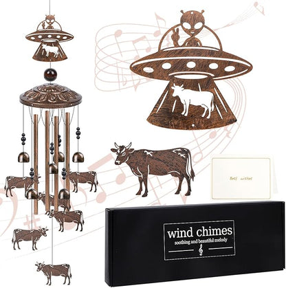 Aliens Gifts for Men Women - Aliens UFO Abduct Cows Wind Chimes for Outside, Alien Stuff Saucerman Wind Chime for Outdoor Garden Decor, Christmas Mother's Day Father's Day Houswarming Gifts
