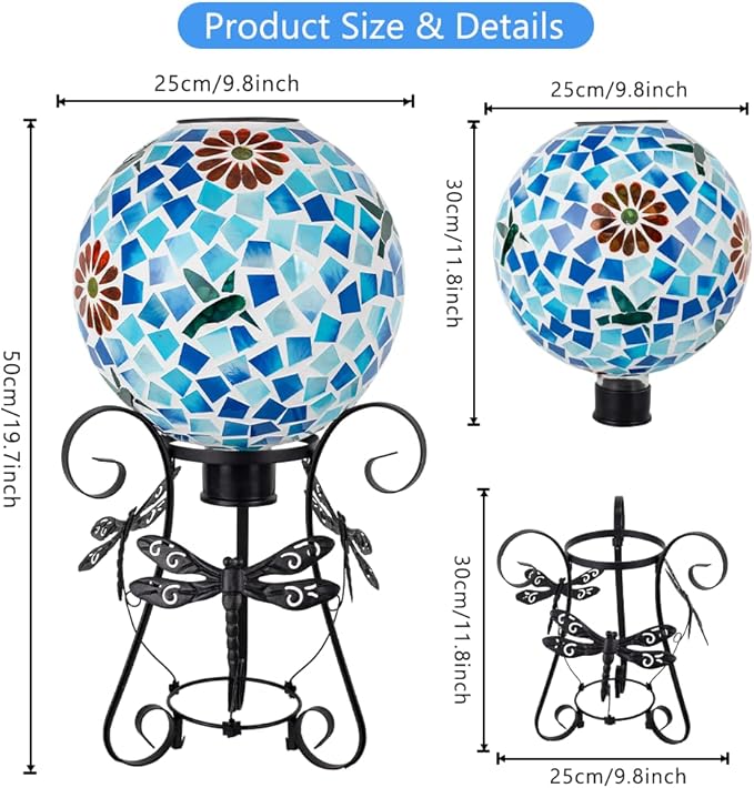 Stargarden Solar Gazing Ball, 10" Mosaic Gazing Ball,Glass Gazing Globe with Metal Stand, Decorative Solar Globes for Patio, Lawn, Garden Decor