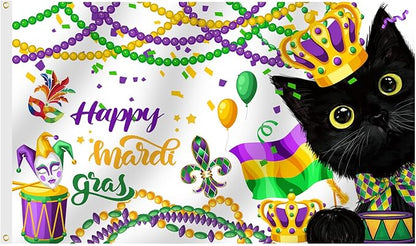 SENSEVEN Black Cat Mardi Gras Flags for Outside 3x5 Ft, Spring New Orleans Carnival Flag, Mask Feather Beads Cat Yard Flag Kitten Holiday Outdoor Banner for Farmhouse Decor, Mardi Gras Party Supplies