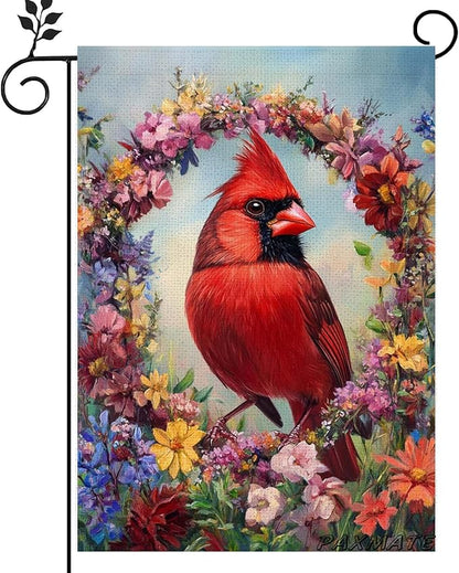 Cardinal Bird Spring Garden Flag 12x18 Inch Double Sided Small Burlap Summer Floral Wreath Yard Flag Outdoor Outside Seasonal Farmhouse Decoration