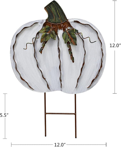Morning View Pumpkin Garden Stakes Metal Yard Sign Fall Decor Outdoor Autumn Yard Stake Art White Pumpkin Lawn Ornaments for Patio Porch Thanksgiving Halloween Harvest 17.5 Inches Tall (White)