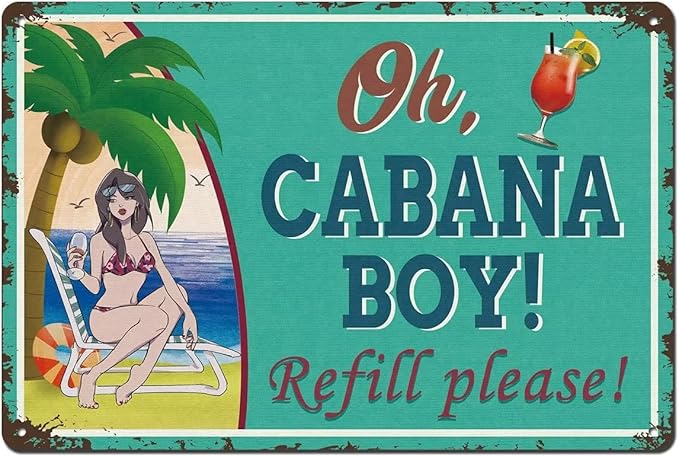 Cabana Boy Metal Sign Vintage Tiki Bar Signs for Outside Bar Home Yard Wall Decoration Pool Decor Patio Beach 12x8 Inch